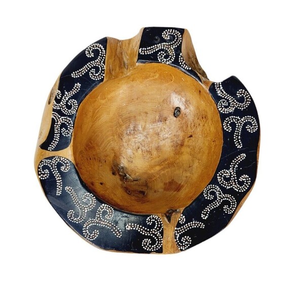 Vintage Natural Polished Teak Root Rustic Bowl Raw Chunky Painted Rim 11.5" - Picture 14 of 14